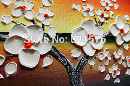 big hand-painted abstract home decor wall art picture thick palette knife white cherry blossom on orange oil painting on canvas