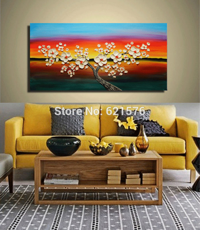 big hand-painted abstract home decor wall art picture thick palette knife white cherry tree orange blue oil painting on canvas