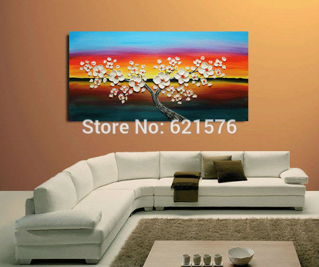 big hand-painted abstract home decor wall art picture thick palette knife white cherry tree orange blue oil painting on canvas