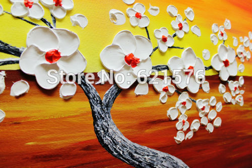 big hand-painted abstract home decor wall art picture thick palette knife white cherry tree orange blue oil painting on canvas