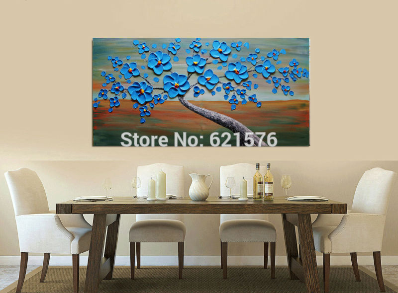 big hand-painted abstract home decorative wall art picture thick palette knife green blue cherry blossom oil painting on canvas