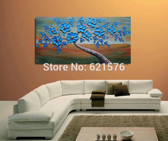 big hand-painted abstract home decorative wall art picture thick palette knife green blue cherry blossom oil painting on canvas