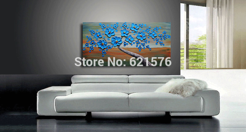 big hand-painted abstract home decorative wall art picture thick palette knife green blue cherry blossom oil painting on canvas