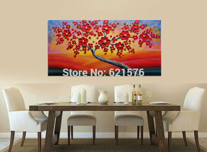 big hand-painted abstract home decorative wall art picture thick palette knife red blooming tree yellow oil painting on canvas