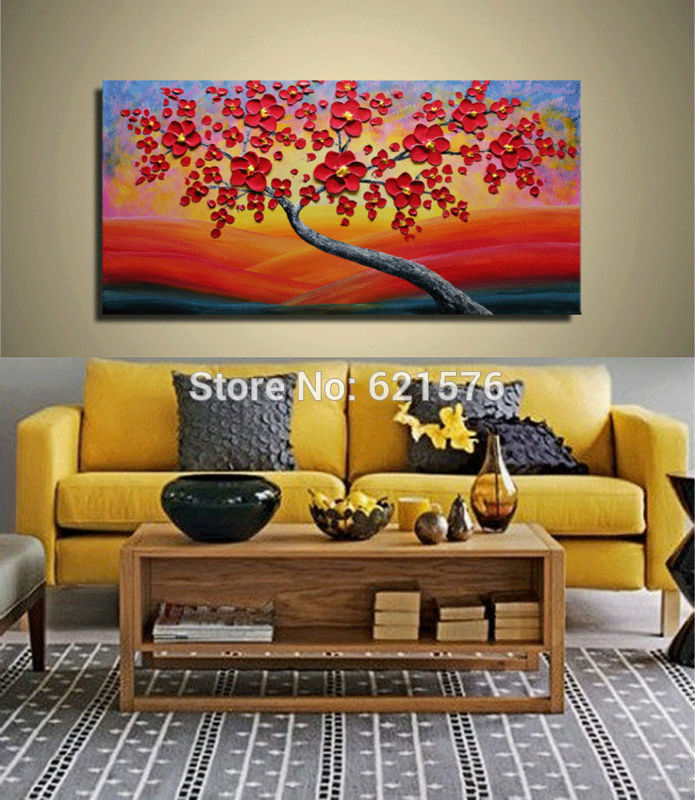 big hand-painted abstract home decorative wall art picture thick palette knife red blooming tree yellow oil painting on canvas