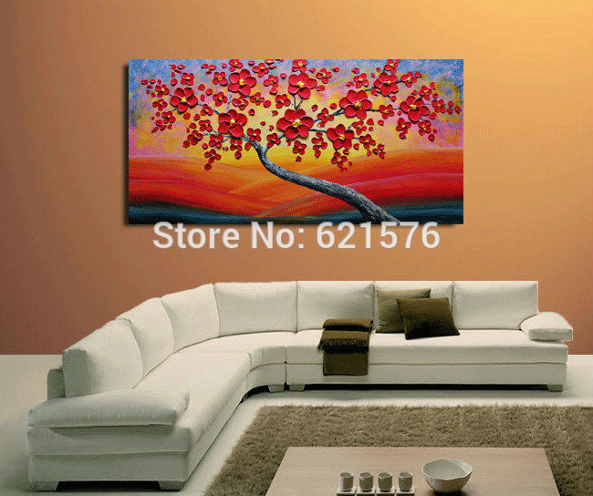 big hand-painted abstract home decorative wall art picture thick palette knife red blooming tree yellow oil painting on canvas