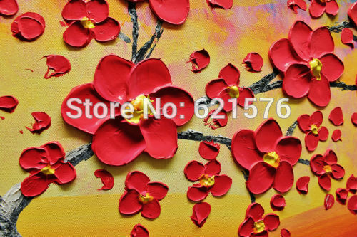 big hand-painted abstract home decorative wall art picture thick palette knife red blooming tree yellow oil painting on canvas