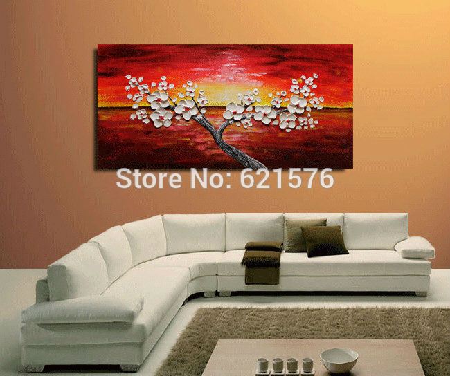 big hand-painted modern abstract home decor wall art picture thick palette knife white cherry tree on red oil painting on canvas