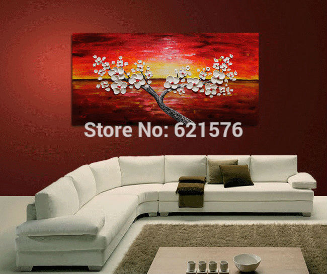 big hand-painted modern abstract home decor wall art picture thick palette knife white cherry tree on red oil painting on canvas