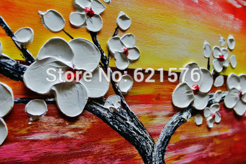 big hand-painted modern abstract home decor wall art picture thick palette knife white cherry tree on red oil painting on canvas