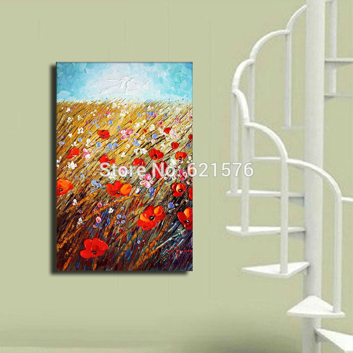 big hand-painted modern home decor abstract colourful flowers filed wall art picture thick palette oil painting on canvas art