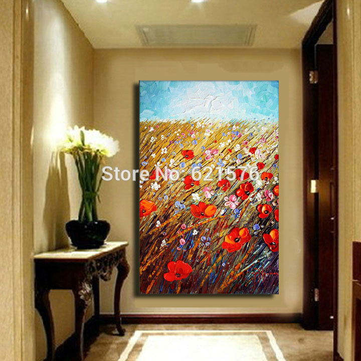 big hand-painted modern home decor abstract colourful flowers filed wall art picture thick palette oil painting on canvas art