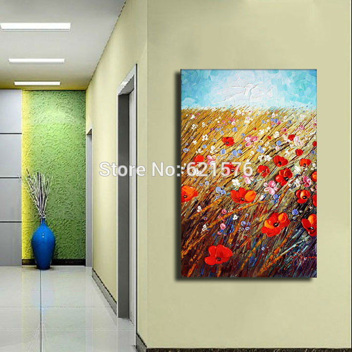 big hand-painted modern home decor abstract colourful flowers filed wall art picture thick palette oil painting on canvas art