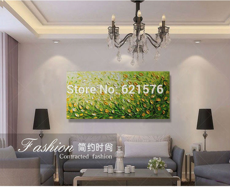 big hand-painted modern home decor abstract green yellow flowers wall art picture thick palette knife oil painting on canvas art