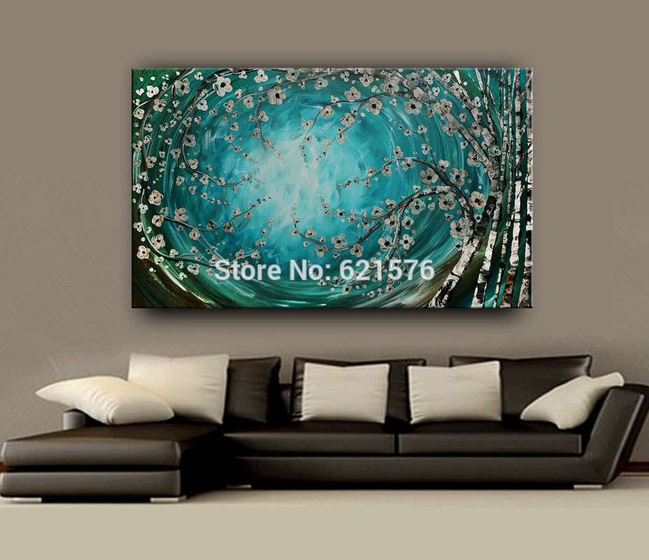 big hand-painted modern turquoise brich tree flower wall art picture home decor abstract palette knife oil painting on canvas