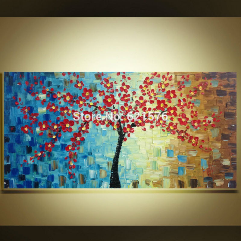 big hand-painted modern wall art picture home decor abstract blue red cherry tree thick palette knife oil painting on canvas art