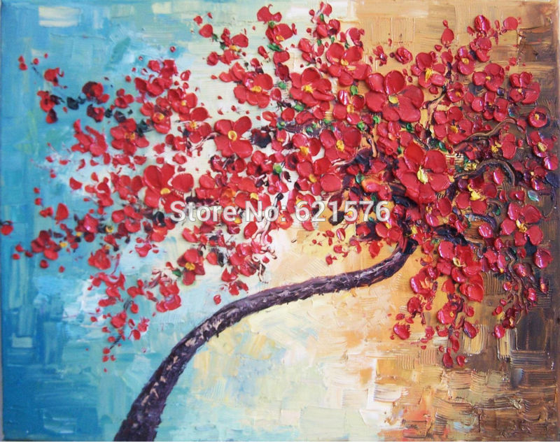 big hand-painted modern wall art picture home decor abstract red cherry tree flower palette knife oil painting on canvas art