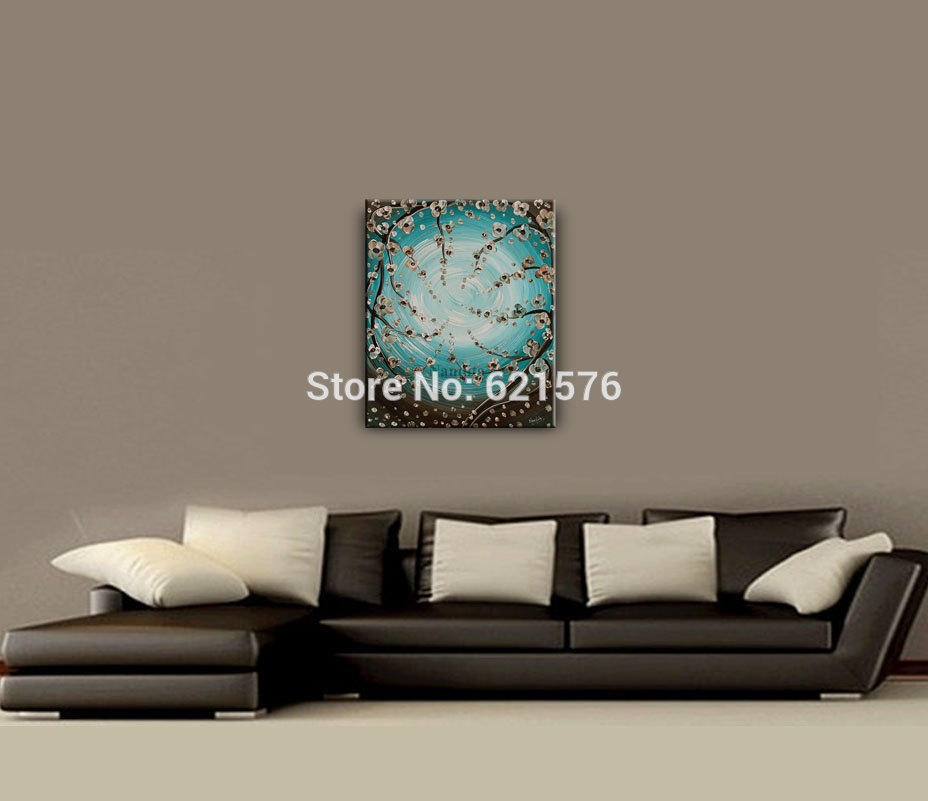 big hand-painted modern wall art picture living room home decor abstract blue white apricot blossom oil painting on canvas art