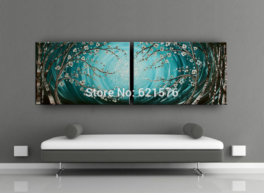 hand-painted 2 panels blue white apricot blossom tree wall art picture living room home decor abstract oil painting on canvas