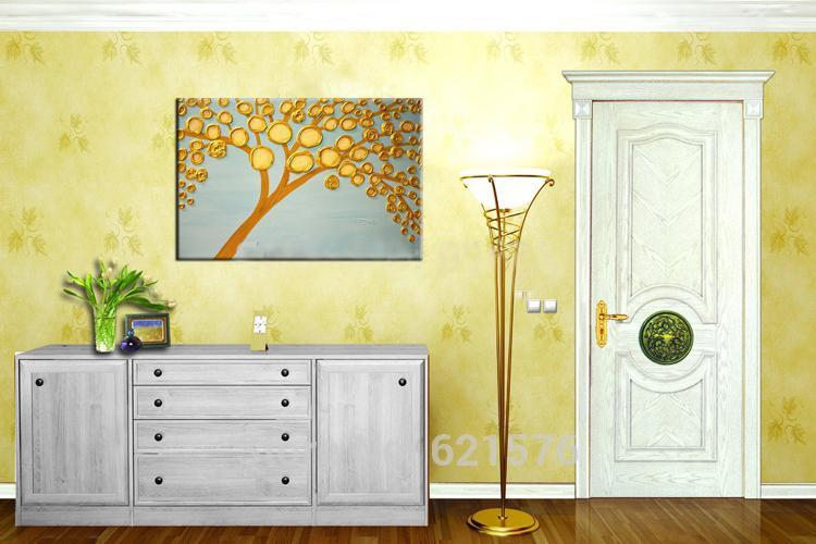 hand-painted big size modern wall art picture for bedroom home decoration golden tree thick palette knife oil painting on canvas