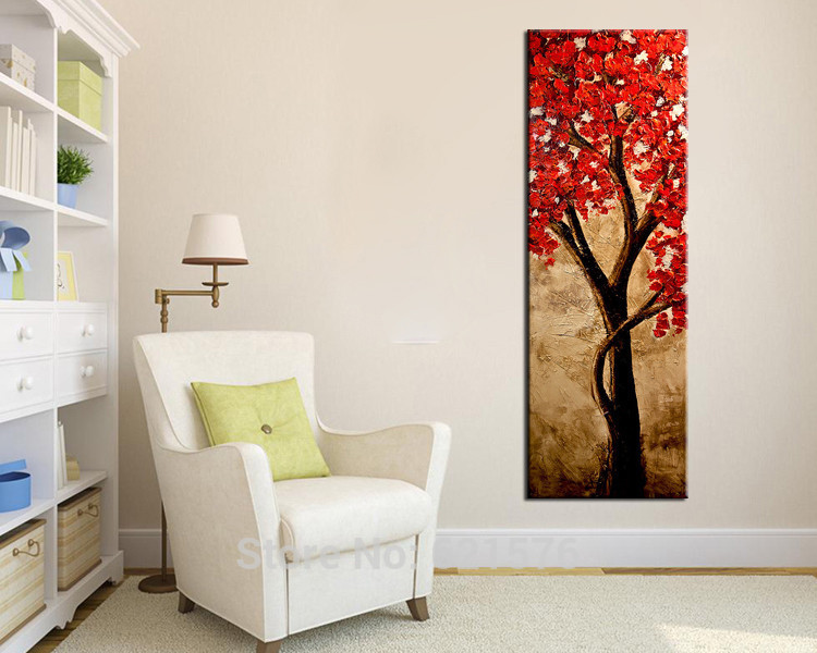 hand-painted big size modern wall art picture for wedding home decor red flower tree thick palette knife oil painting on canvas