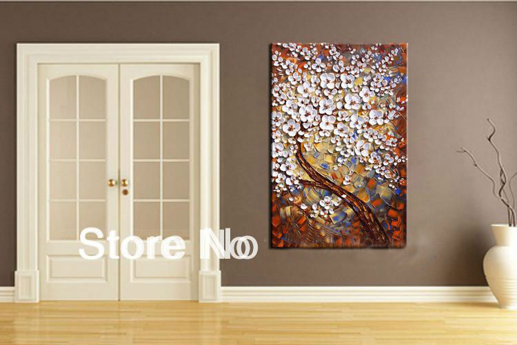 hand-painted big size modern wall art picture wedding bedroom decor white flower tree thick palette knife oil painting on canvas