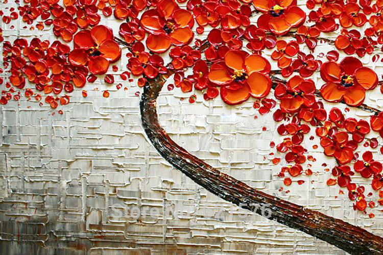 hand-painted big size wall art picture for wedding home decor big red flower tree thick palette knife oil painting on canvas