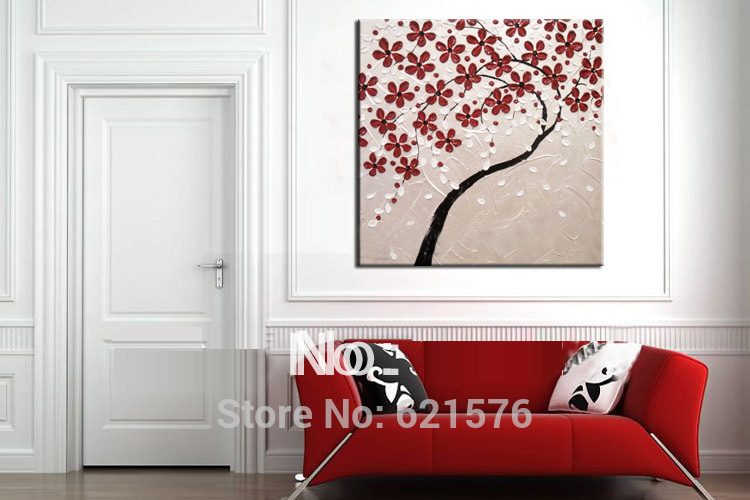 hand-painted big size wall art picture wedding bedroom decor bronzing white flower tree thick color knife oil painting on canvas