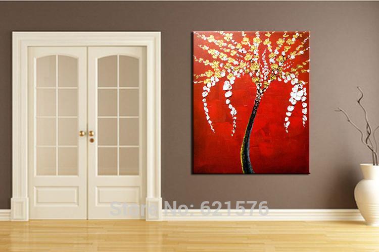 hand-painted big size wall art picture wedding bedroom decor golden white flower tree thick palette knife oil painting on canvas