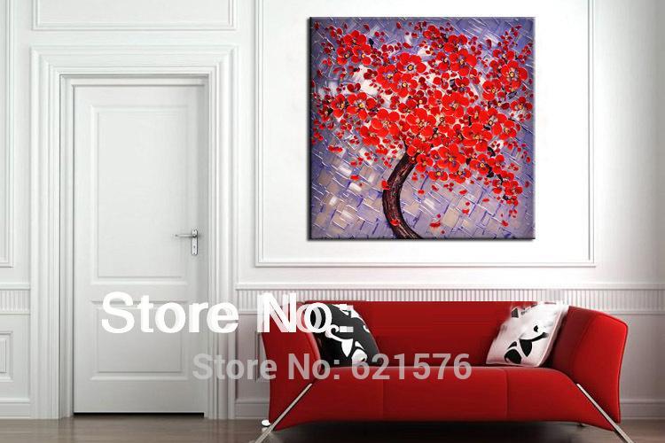 hand-painted big size wall art picture wedding bedroom decor happy red flower tree thick palette knife oil painting on canvas