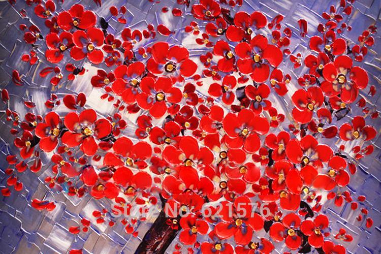 hand-painted big size wall art picture wedding bedroom decor happy red flower tree thick palette knife oil painting on canvas