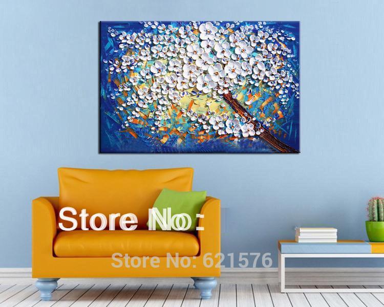 hand-painted big size wall art picture wedding bedroom decor white blue flower tree thick palette knife oil painting on canvas