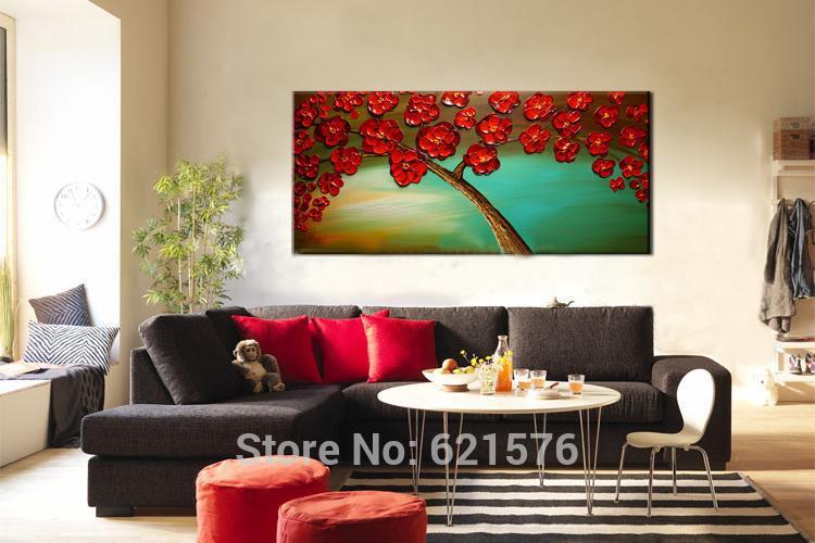 hand-painted big size wall art picture wedding home decor red rose flower tree on green thick color knife oil painting on canvas