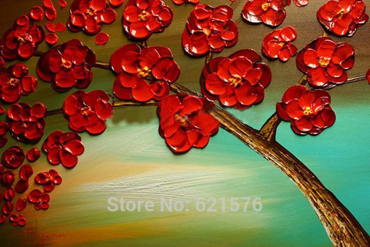 hand-painted big size wall art picture wedding home decor red rose flower tree on green thick color knife oil painting on canvas