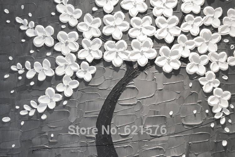 hand-painted big size wall art picture wedding home decor snow white flower tree gray thick palette knife oil painting on canvas