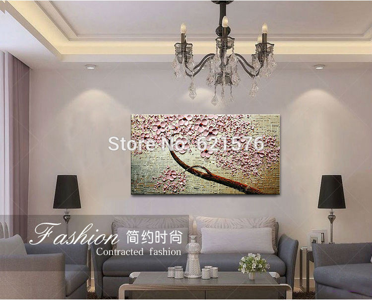 hand-painted home decor abstract brown pink flower cherry blossom tree wall art picture thick palette oil painting on canvas art