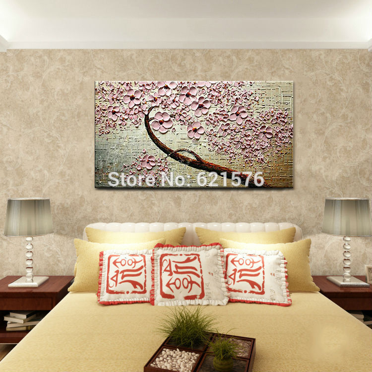 hand-painted home decor abstract brown pink flower cherry blossom tree wall art picture thick palette oil painting on canvas art