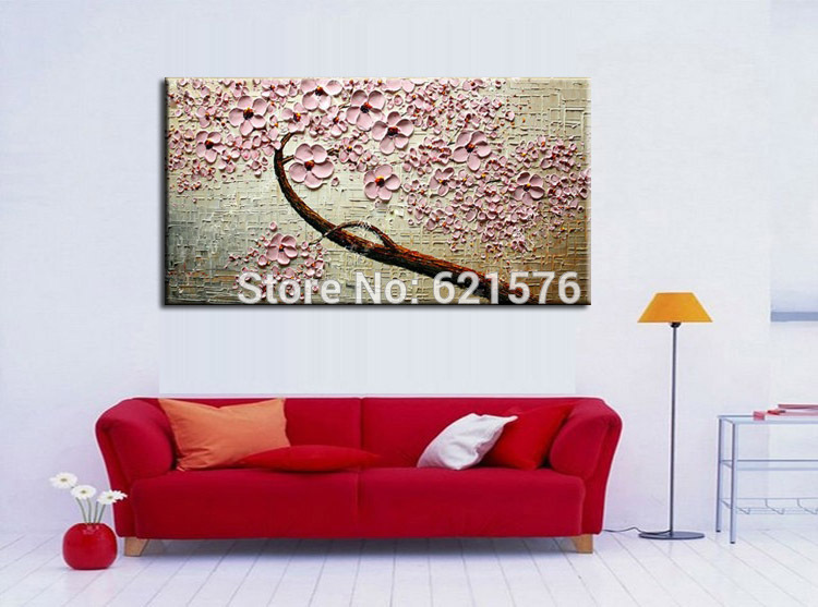 hand-painted home decor abstract brown pink flower cherry blossom tree wall art picture thick palette oil painting on canvas art