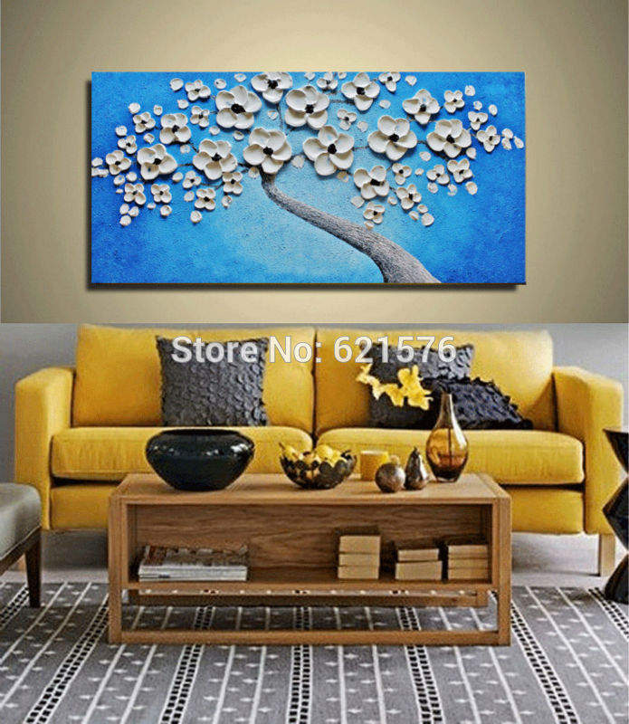hand-painted home decor blue white cherry blossom sky blue wall art picture abstract thick palette knife oil painting on canvas