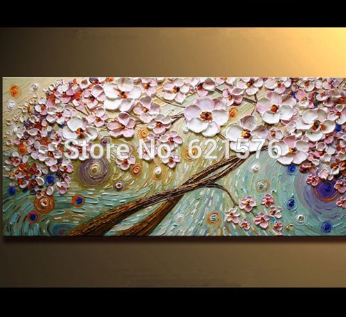 hand-painted home decor white pink flower cherry tree wall art picture abstract thick palette knife oil painting on canvas art