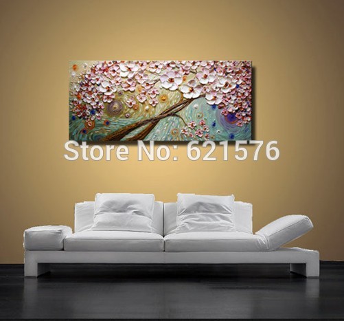 hand-painted home decor white pink flower cherry tree wall art picture abstract thick palette knife oil painting on canvas art