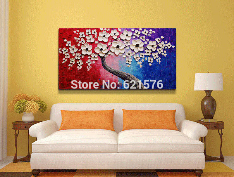 hand-painted living room decor home decor colorful white flower tree wall art picture thick palette knife canvas oil painting