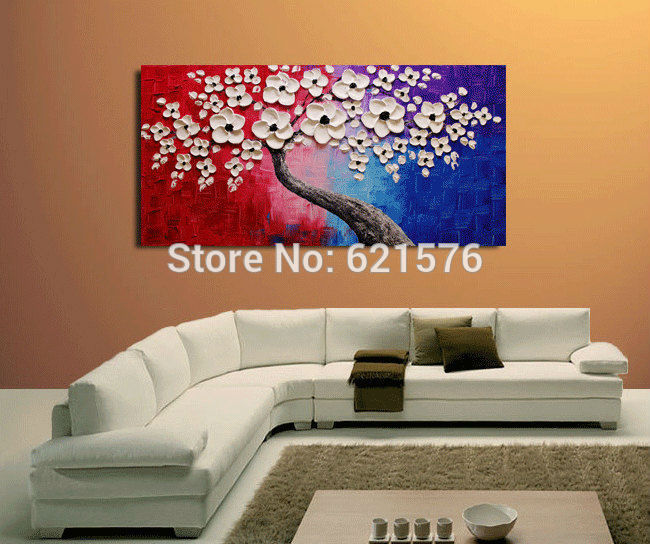 hand-painted living room decor home decor colorful white flower tree wall art picture thick palette knife canvas oil painting