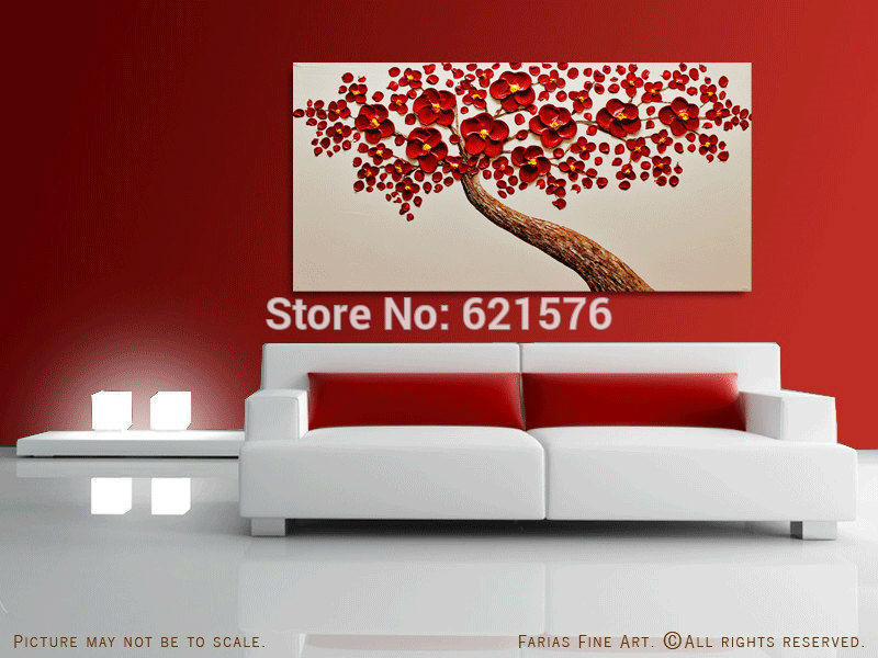 hand-painted living room decor home decoration red flower tree wall art picture abstract thick palette knife canvas oil painting