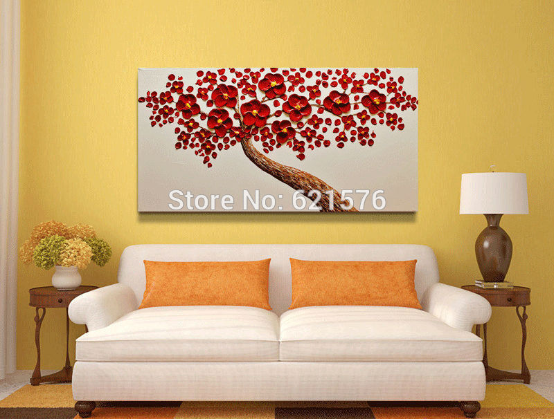 hand-painted living room decor home decoration red flower tree wall art picture abstract thick palette knife canvas oil painting