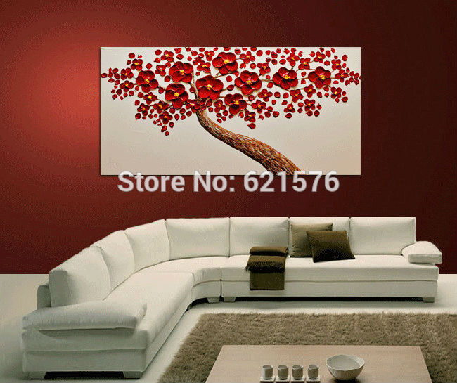 hand-painted living room decor home decoration red flower tree wall art picture abstract thick palette knife canvas oil painting