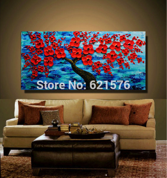 hand-painted living room home decor ocean red cherry tree flower wall art picture abstract thick palette knife canvas painting