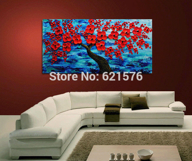 hand-painted living room home decor ocean red cherry tree flower wall art picture abstract thick palette knife canvas painting