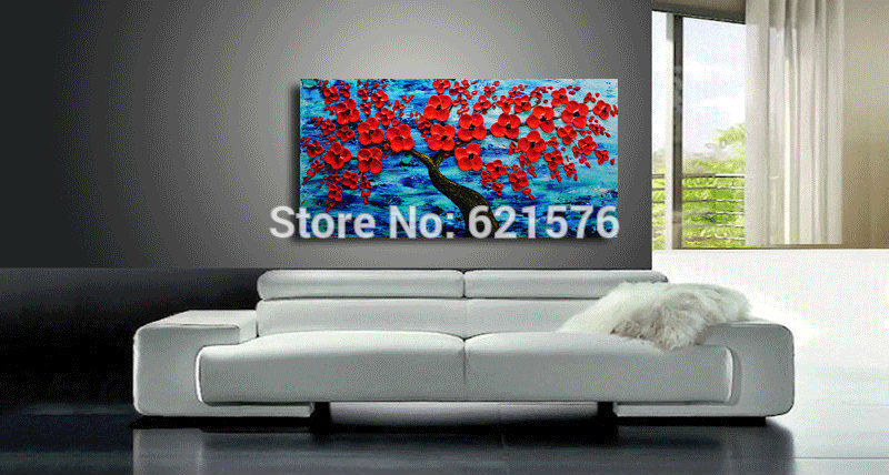 hand-painted living room home decor ocean red cherry tree flower wall art picture abstract thick palette knife canvas painting