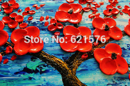 hand-painted living room home decor ocean red cherry tree flower wall art picture abstract thick palette knife canvas painting